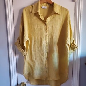 Mida Made in Italy 100% Linen Yellow Tunic button down Shirt One Size Coastal